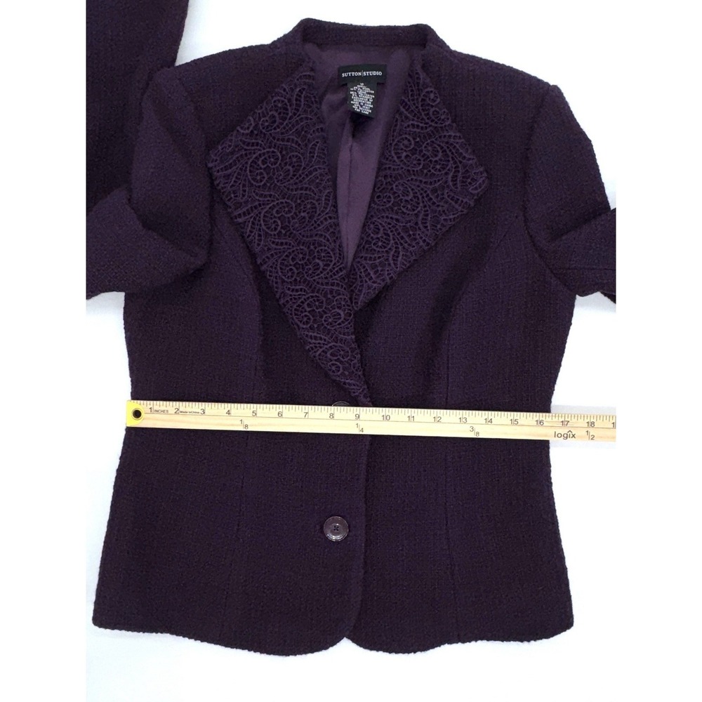 Sutton Studio Purple Boucle Blazer Embroidered Guipure Lace Lapel Women's Sz 10 - Picture 8 of 9